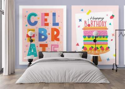 Set of Birthday greeting card with cute cartoon character animals, cake and colorful confetti. Wall mural