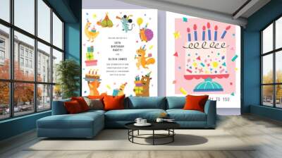 Set of Birthday greeting card with cute cartoon character animals, cake and colorful confetti. Wall mural