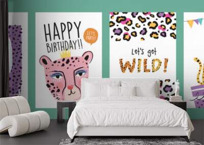 Set of birthday greeting cards with leopards, cake and leopard's pattern texture. Wall mural