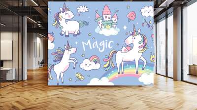 Set of cute unicorns and magical elements Wall mural