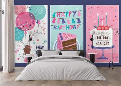 Set of lovely birthday cards design with cakes, balloons and typography design. Wall mural