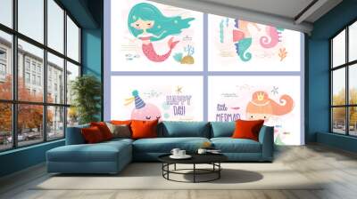 Set of mermaid and marine life greeting cards design  Wall mural