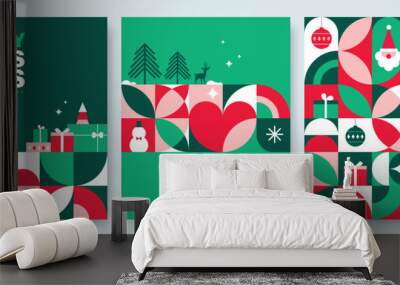 Set of Merry Christmas and Happy New Year 2024 vector illustration for greeting cards, posters, holiday covers in modern minimalist geometric style. Wall mural