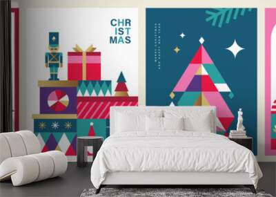 Set of Merry Christmas and Happy New Year 2024 vector illustration for greeting cards, posters, holiday covers in modern minimalist geometric style. Wall mural