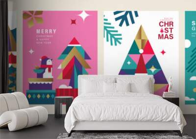 Set of Merry Christmas and Happy New Year 2024 vector illustration for greeting cards, posters, holiday covers in modern minimalist geometric style. Wall mural