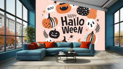 Trendy and stylish Halloween poster with decorative pumpkins Wall mural