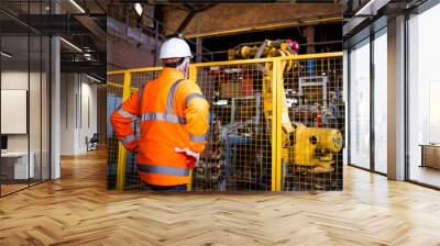 Factory worker in safety uniform controlling operation of industrial robotic arm in production department. Wall mural