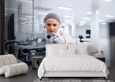 Female expert or technologist working in car assembly industry producing electronics parts. Wall mural