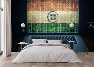 Indian hacker and computer expert. Laptop with binary computer code and India flag on the screen. Internet and network security. Wall mural