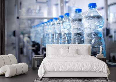 Plastic bottles on conveyor belt being filled with drinking water. Wall mural