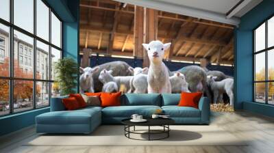 Portrait of lovely lamb staring at the camera in cattle barn. In background flock of sheep eating food. Wall mural