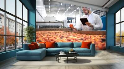 Technologist in food processing factory controlling process of apple fruit selection and production. Wall mural