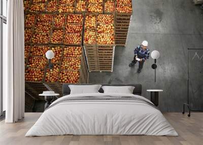 Top view of worker standing by apple fruit crates in organic food factory warehouse. Wall mural