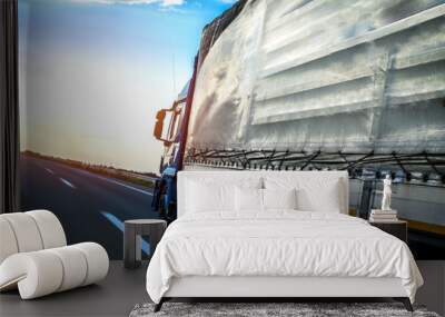 Truck on road in motion. Long vehicle carrying goods and pulling load on highway. Road and transport. Fast delivery Wall mural