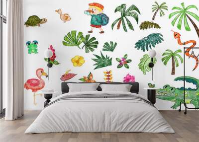 Amazon Rainforest Jungle pond Wildlife Backdrop Background. Cute oil pastel drawing crayon doodle for children book illustration poster wall painting. Duck Fish Frog alligator Turtle flamingo snake Wall mural