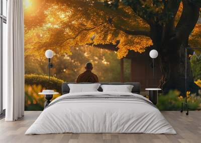 Monk is meditating in nature. Spring time, blooming cherry tree. Wall mural