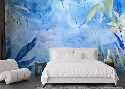 Elegant Blue Watercolor Background with Plants and Flowers - a serene and artistic visual. The blue watercolor design evokes a calm and natural scene Wall mural