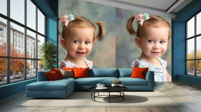 Portraits of Two Little Sisters - a delightful and heartwarming visual. The image showcases the special bond between siblings in a playful and charming manner. Wall mural