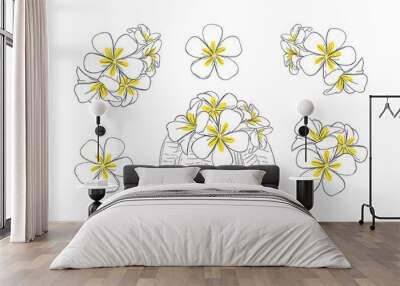 Frangipani or plumeria tropical flower for leis. Hand drawn frangipani with yellow petals isolated in white background. Outline vector illustration Wall mural