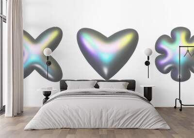 Abstract 3d metal holographic y2k elements set - stars, flowers, heart and other simple geometric shapes with glossy chrome effect. Trendy y2k vector illustration Wall mural