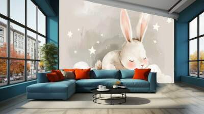 Dreamy nursery setting minimalistic style soft watercolor textures subdued pastels gentle clouds subtle stars tranquil peaceful sleeping atmosphere stock illustration photo elephant, kitten, lambs, bu Wall mural