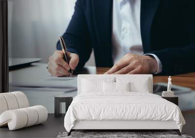 close-up photo of businessman's hands signing documents at desk, man at work in business suit Wall mural