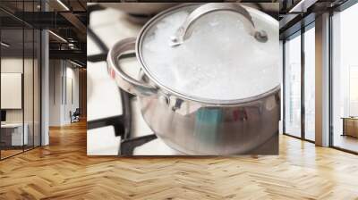 Closeup of cooking pot with boiling soup Wall mural