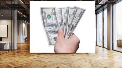 Hand offering five hundred US dollar banknotes on white Wall mural