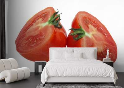 Two freshly cut halves of tomato isolated on white Wall mural