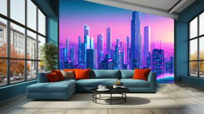 Synthetic wave, cyber wave in futuristic cyberpunk style, neon city at night near the beach, generative AI Wall mural