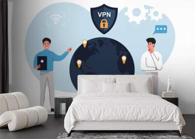 Vpn technology system. Characters connect to secure VPN points. VPN connection concept. Internet connection flat illustration vector. Wall mural