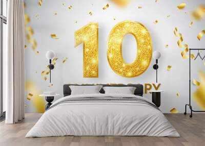 10th Anniversary celebration. Gold numbers with glitter gold confetti, serpentine. Festive background. Decoration for party event. Tenth year jubilee celebration. Vector illustration Wall mural