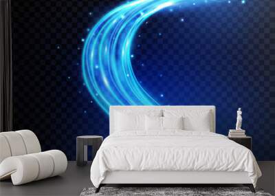 Blue light curves with sparkles isolated on transparent background. Swirl trail effect. Futuristic waves in speed motion. Magic neon light. Vector illustration Wall mural