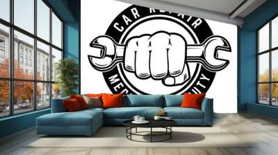 Car repair. Fist with wrench. Design element for logo, emblem, sign, poster, t shirt. Vector illustration Wall mural