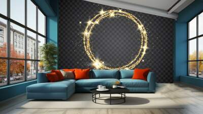 Glitter gold circle frame with space for text. Sparkling golden frame on transparent background. Bright glittering star dust. Festive Christmas border. Vector illustration Wall mural