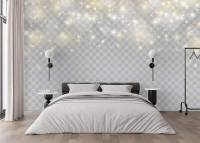 Glowing light effect border. Star burst with white and gold sparkles on transparent background. Magic glitter dust particles. Shining flare. Vector illustration Wall mural