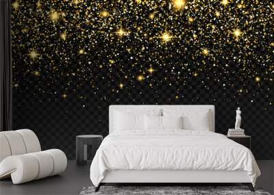 Golden glitter long banner. Luxury greeting card with gold glitter particles effect. Celebration background. Sparkling texture. Christmas bright design. Star dust. Vector illustration Wall mural