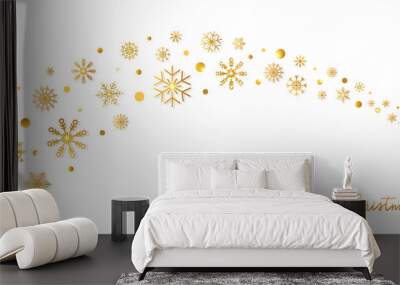 Golden snowflakes border in wave shape. Glitter gold snowflakes and snow with stars on white background. Merry Christmas and Happy New Year design for card, banner, invitation. Vector illustration Wall mural