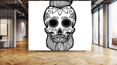 Hand drawn mexican bearded sugar skull isolated on white background. Design element for poster, card, banner, t shirt, emblem, sign. Vector illustration Wall mural