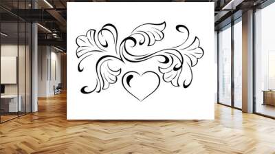 hearts 57. decorative element with one heart, stylized flowers and vignettes in black lines on a white background Wall mural