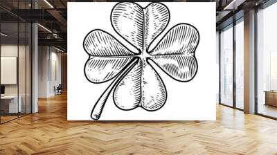 Illustration of leaf of clover in engraving style. Design element for poster, card, banner, flyer. Vector illustration Wall mural