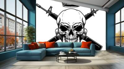 Illustration of the skull with crossed assault rifles. Design element for logo, label, sign, emblem. Vector illustration Wall mural