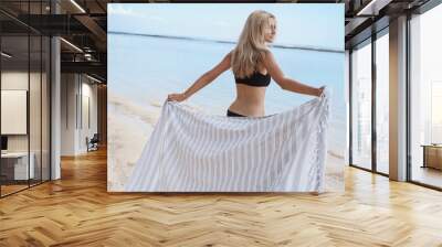 Back biew charming romantic blond woman feel relieved relaxed, look carefree contemplating blue ocean hold blanket towel wanna lie down sandy beach sunbathing enjoy summer vacation travel Wall mural