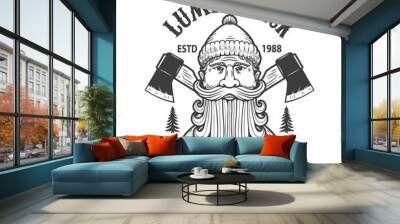 Lumberjack festival. Emblem template with lumberjack head and crossed axes. Design element for logo, label, sign, poster, banner, card. Vector illustration Wall mural