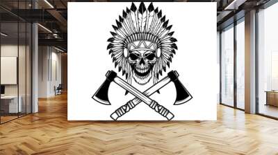 Native american skull in traditional headdress and crossed tomahawks. Design element for logo, emblem, sign, poster, t shirt. Vector illustration Wall mural