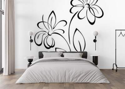 ornament 1555. two stylized flowers on stems with leaves in black lines on white background Wall mural