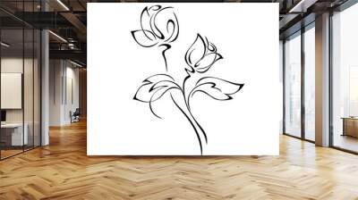 ornament 2358. two stylized rose flower buds on a stem with leaves in black lines on a white background Wall mural