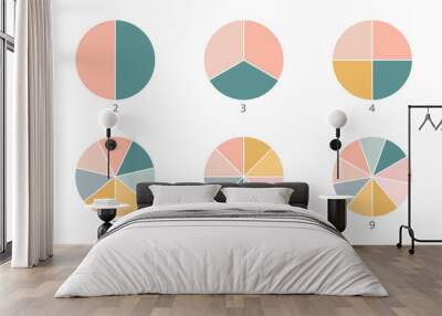 Pie chart color icons. Segment slice sign. Circle section graph. 1,2,3,4,5 segment infographic. Wheel round diagram part symbol. Three phase, six circular cycle. Geometric element. Vector illustration Wall mural