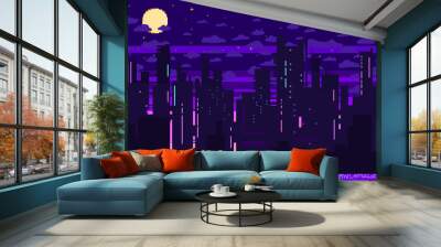 pixel art game background with road, ground, sunset, landscape, sky, clouds, silhouette city, stars  Wall mural