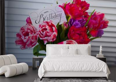 postcard , Internet banner  with a birthday greeting, with the inscription - happy birthday,  a bouquet of flowers with a note of congratulations Wall mural